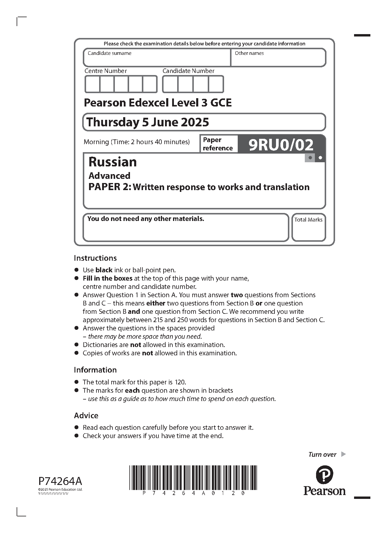 Pearson Edexcel A Level Russian Paper 2 2025 Question Paper IMG-1