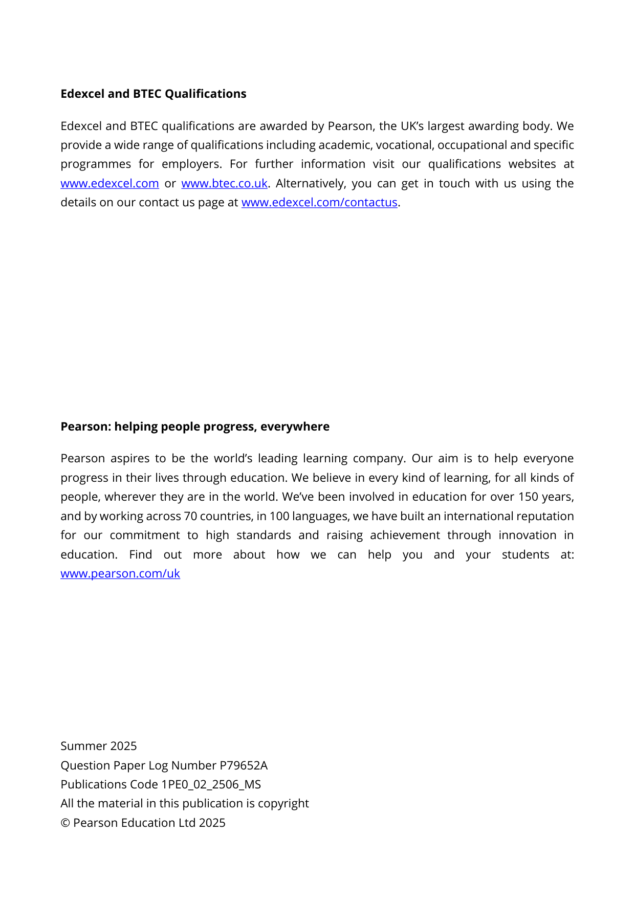 Pearson Edexcel GCSE Physical Education Paper 2 2025 MS PDF