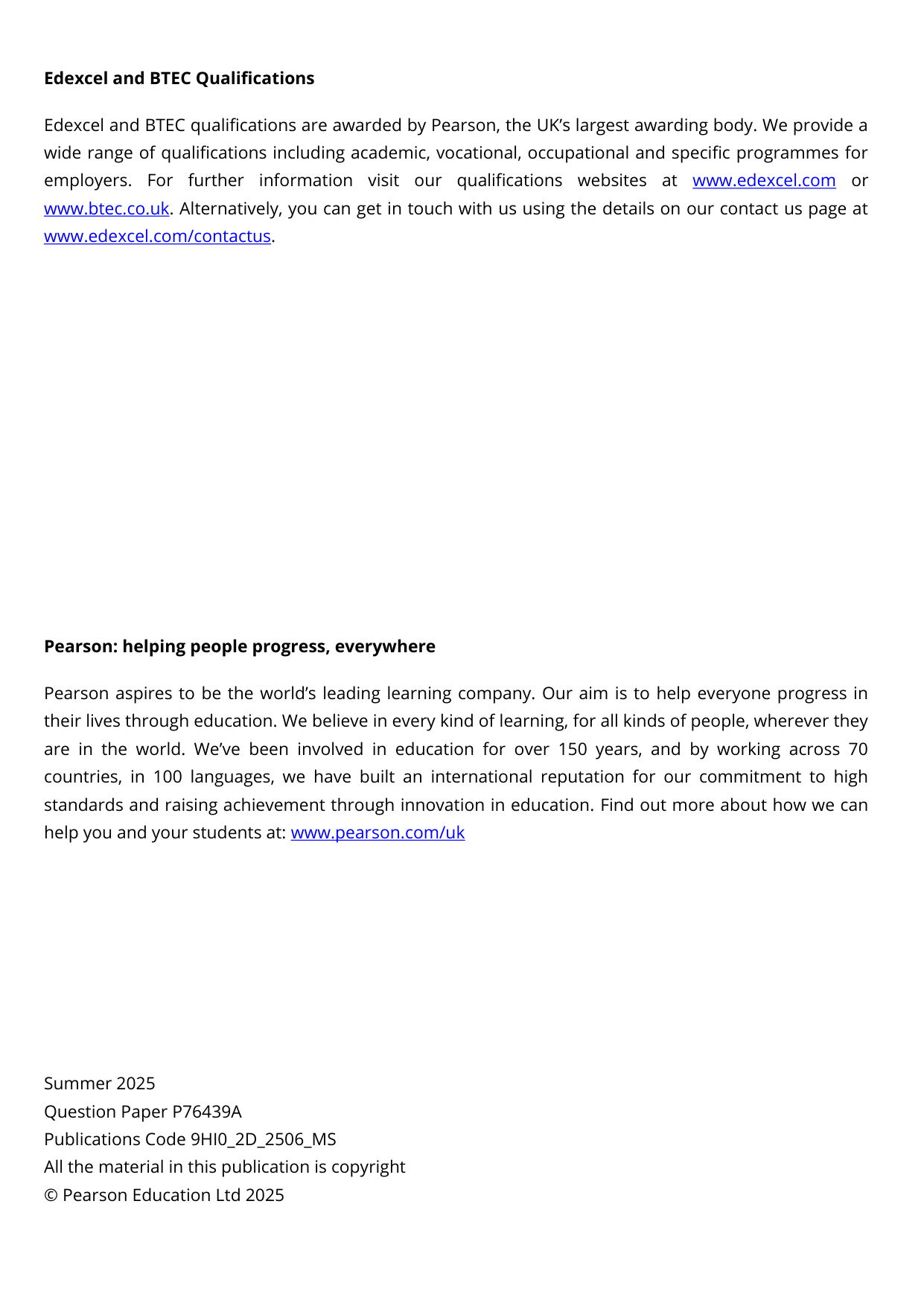 Pearson Edexcel A Level History Paper 2D 2025 Mark Scheme
