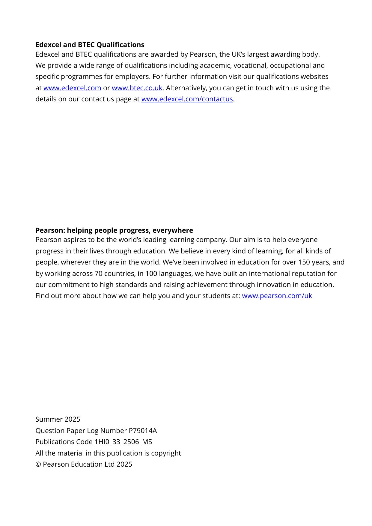 Pearson Edexcel GCSE History Paper 3 Option 33 2025 MS