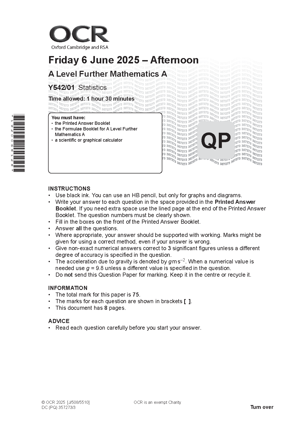 OCR A Level Further Mathematics A Statistics Paper 1 2025 QP IMG-1