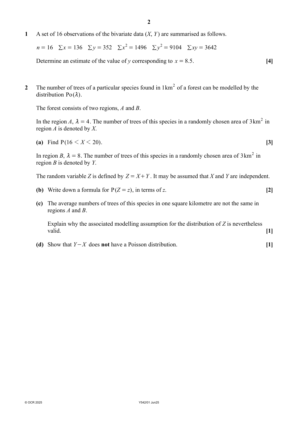 OCR A Level Further Mathematics A Statistics Paper 1 2025 QP