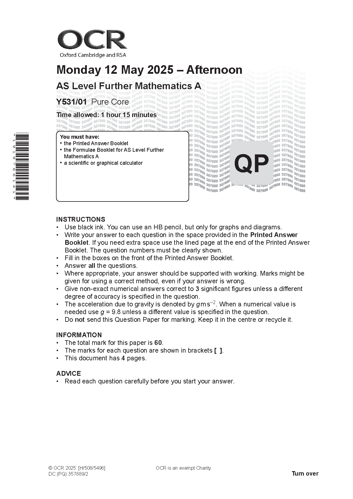 OCR AS Further Mathematics A Pure Core Paper 1 2025 QP
