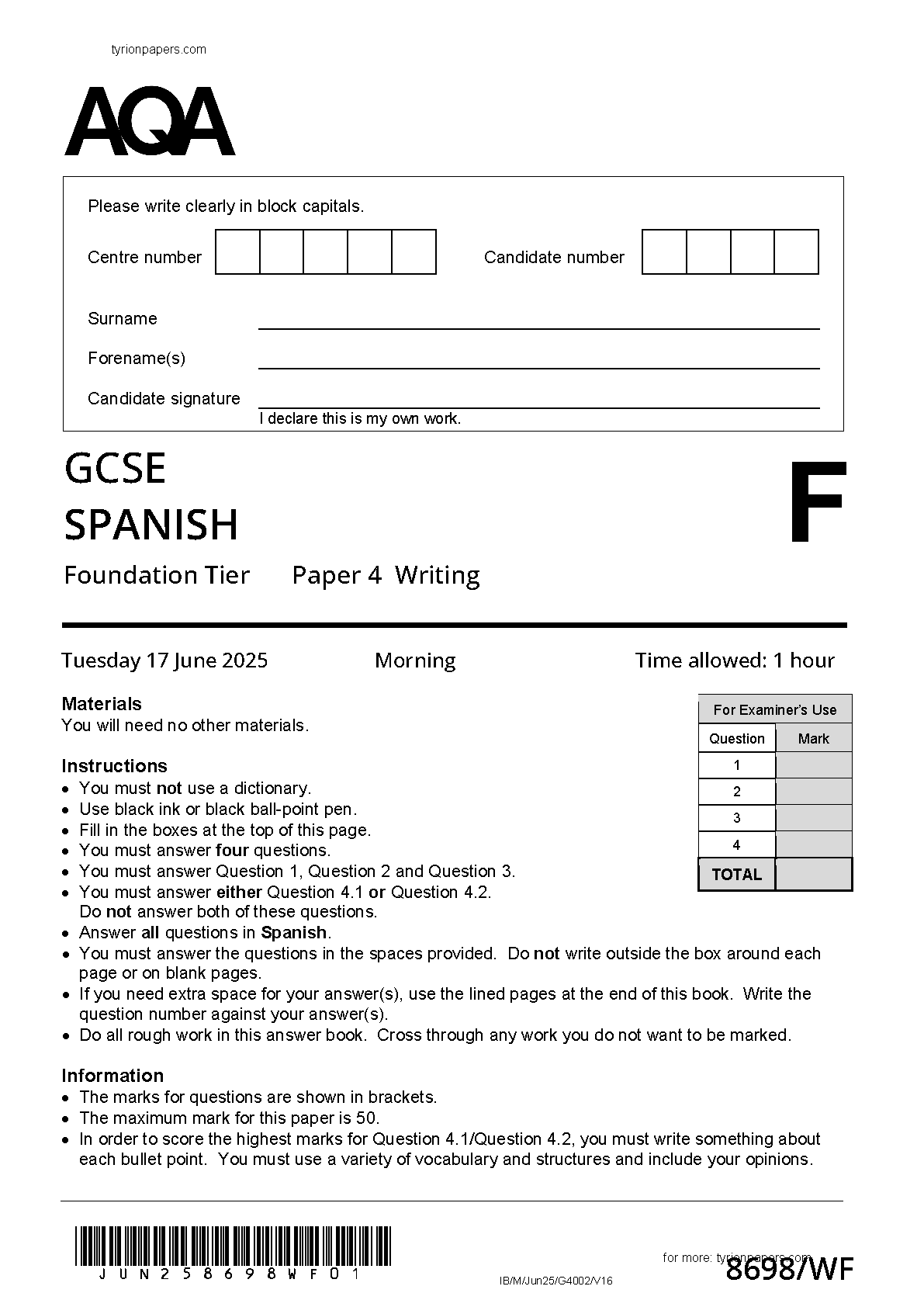 AQA GCSE Spanish Foundation Writing Paper 4F 2025 QP IMG-1
