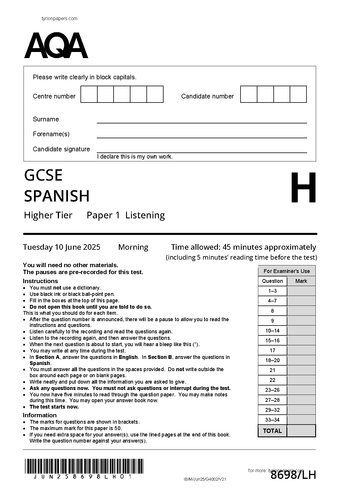 AQA GCSE Spanish Paper 1H 2025 Listening QP IMG-1