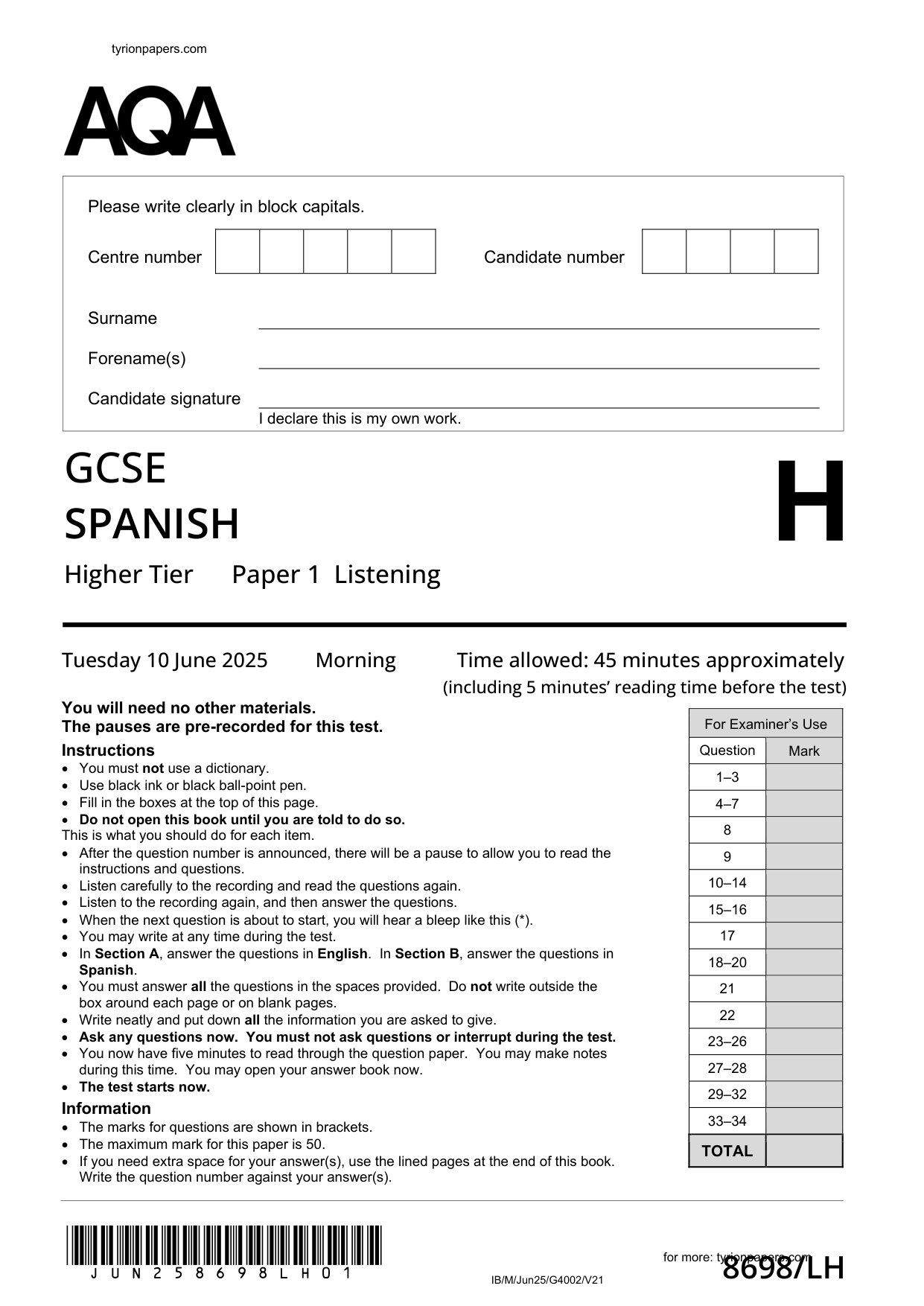 AQA GCSE Spanish Paper 1H 2025 Listening QP