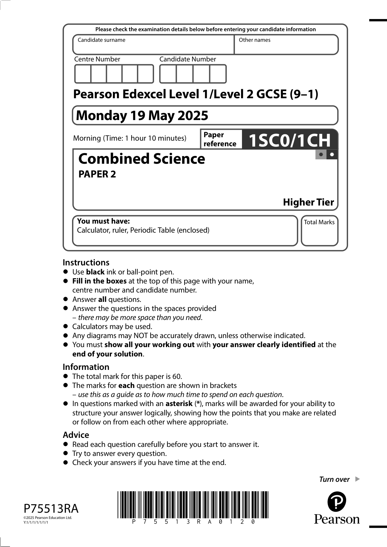 Pearson Edexcel GCSE Combined Science Paper 2 Higher  2025
