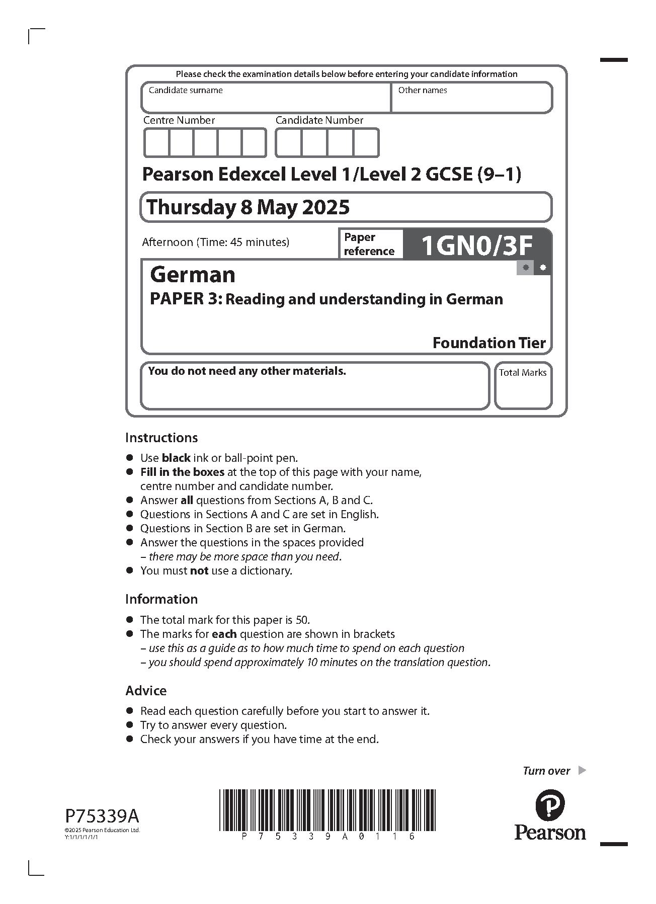 Pearson Edexcel GCSE German Paper 3F 2025 Question Paper PDF IMG-1