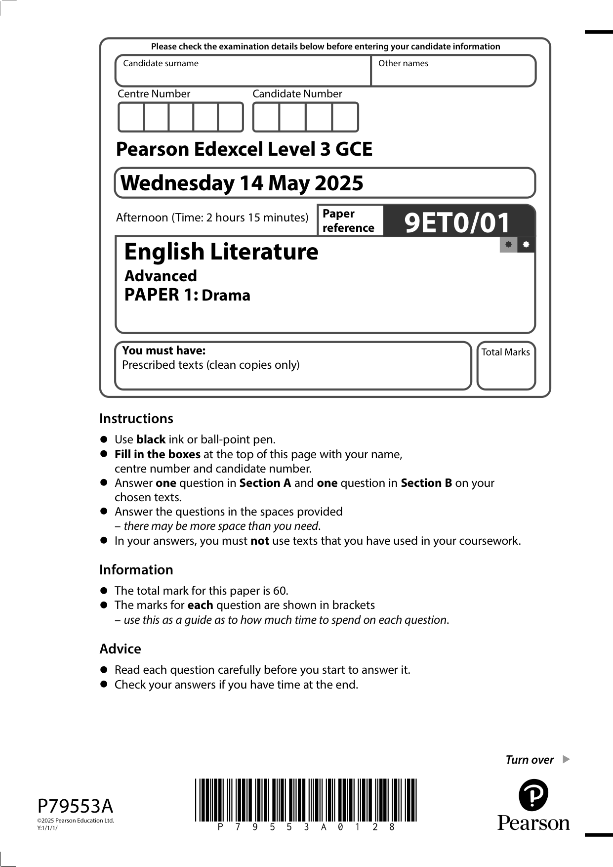 Pearson Edexcel A Level English Literature 2025 Paper 1 QP