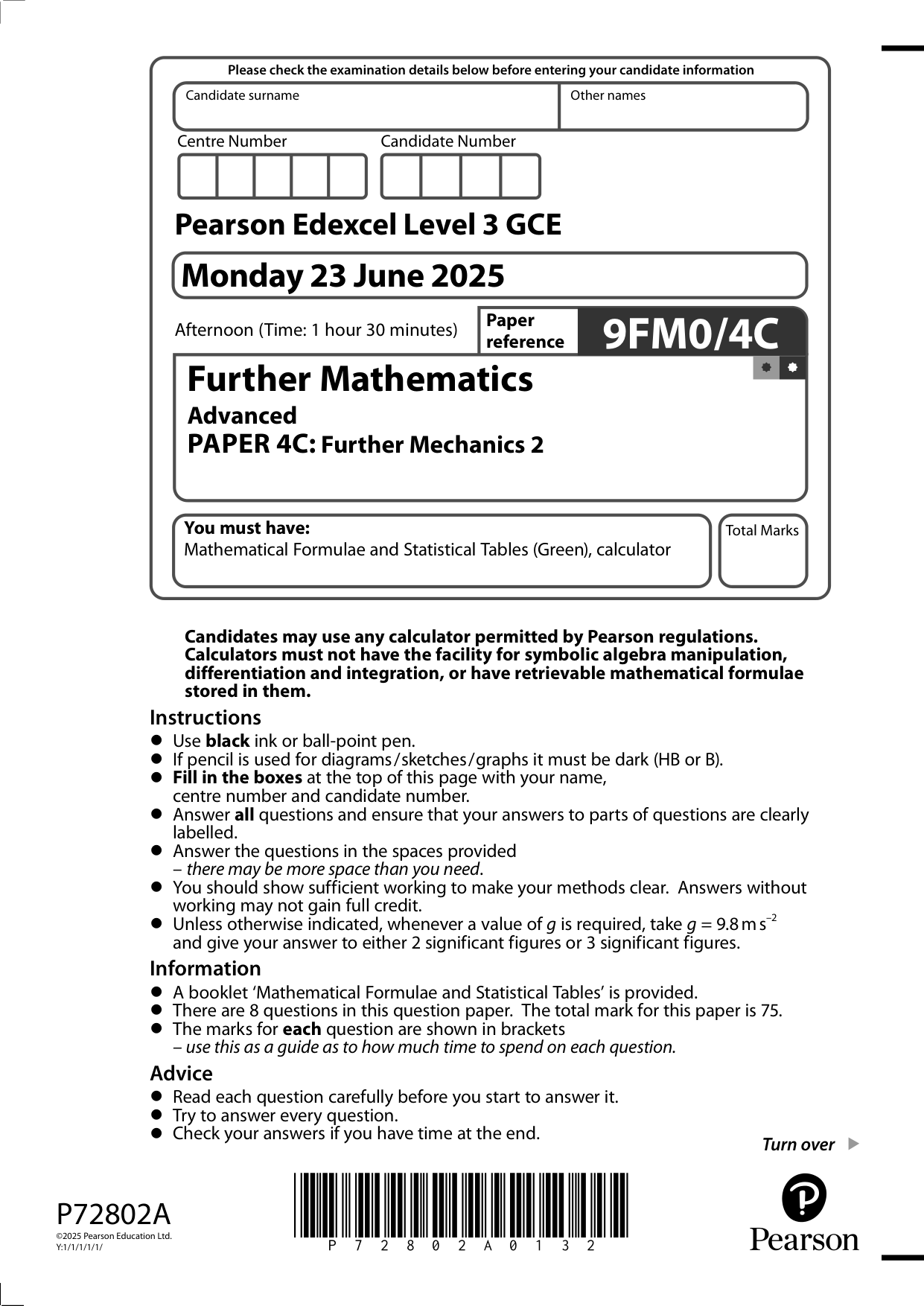 Pearson Edexcel A Level Further Mathematics Paper 4C 2025 QP