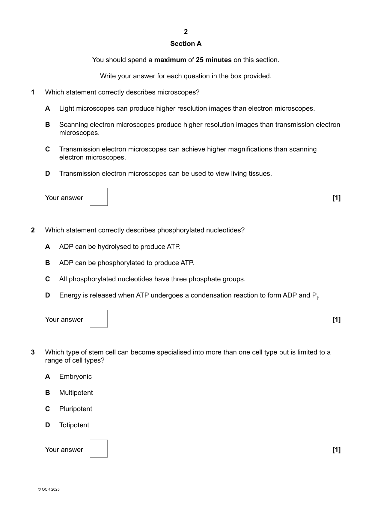 OCR AS Level Biology A Paper 1 2025 Question Paper