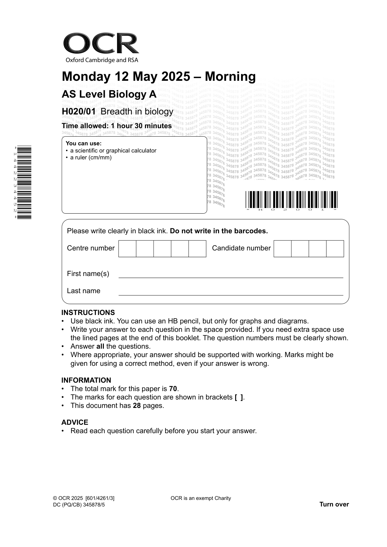 OCR AS Level Biology A Paper 1 2025 Question Paper
