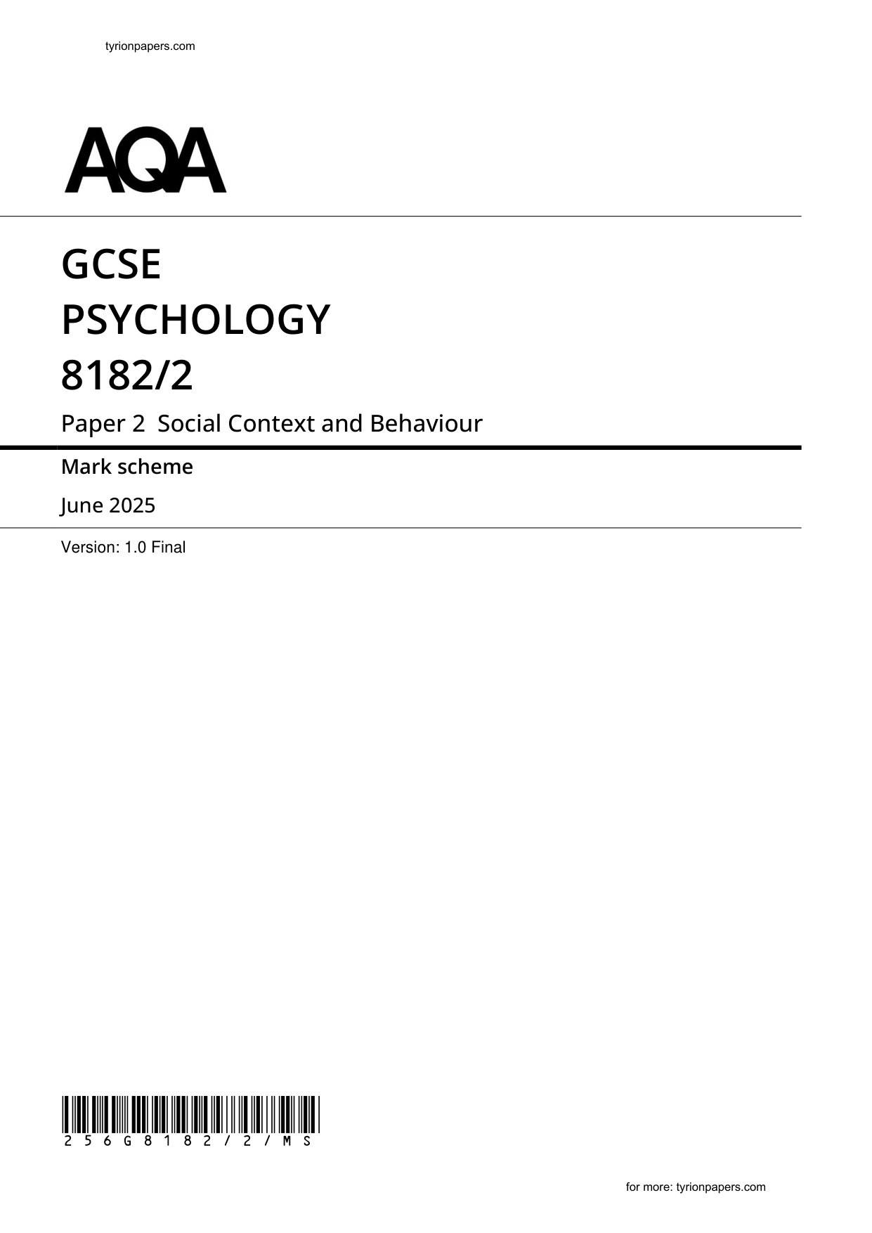 AQA GCSE Psychology Paper 2 2025 Mark Scheme