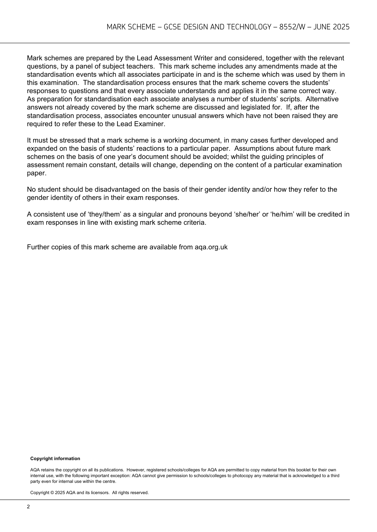 AQA GCSE Design and Technology 2025 Mark Scheme
