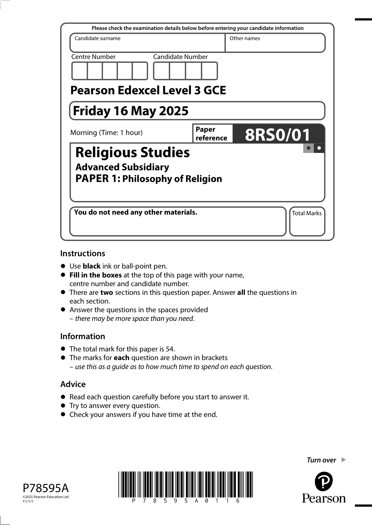 Pearson Edexcel AS Religious Studies Paper 1 2025 QP