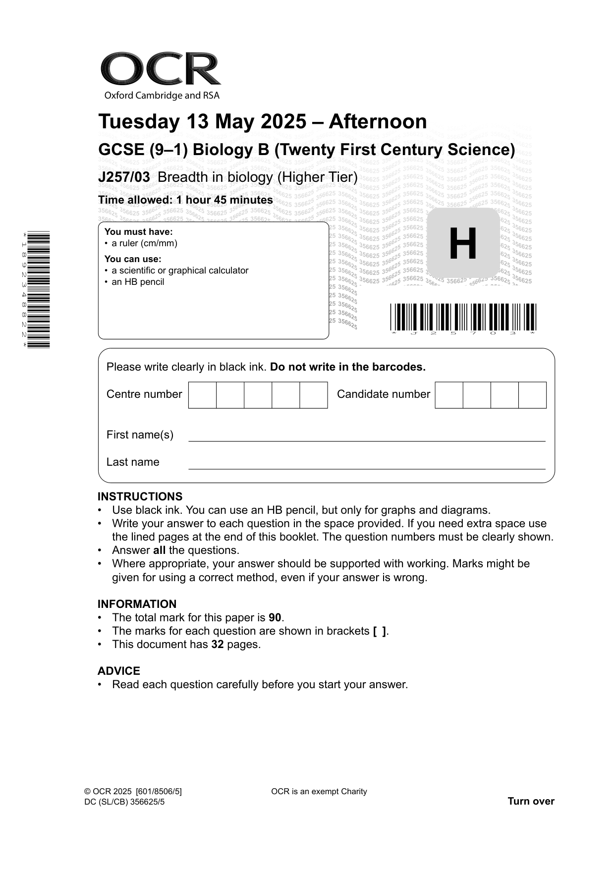 OCR GCSE Biology B Paper 3 2025 Higher Tier PDF