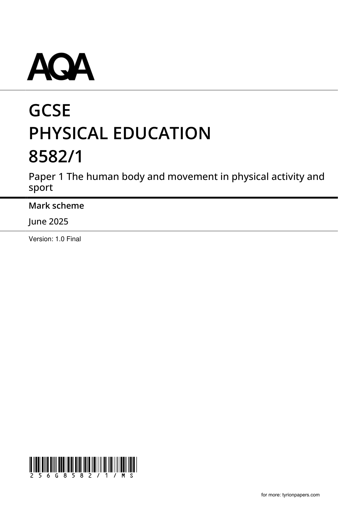 AQA GCSE Physical Education Paper 1 2025 Mark Scheme PDF