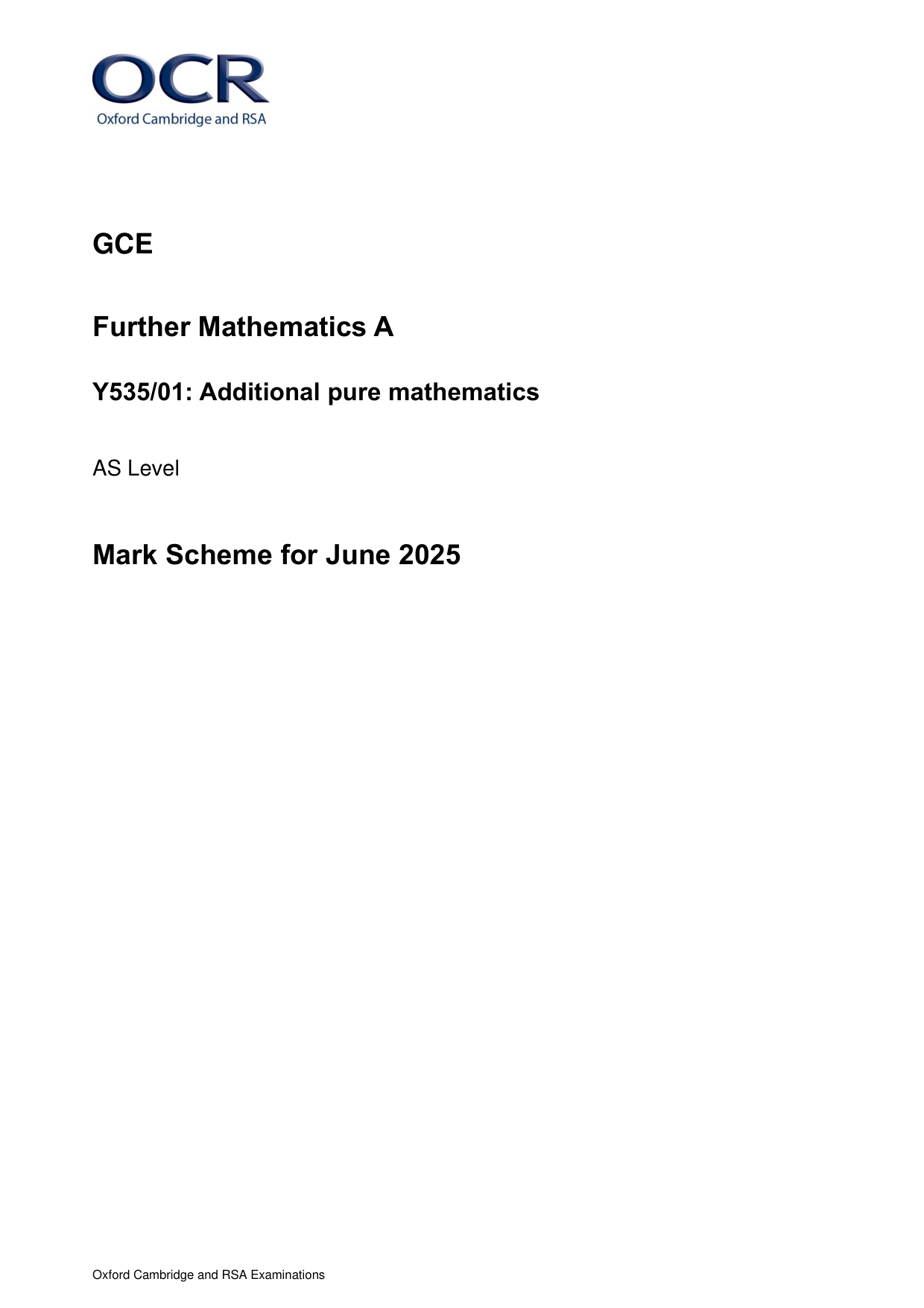 OCR AS Further Mathematics A Paper 1 PureMathematics 2025 MS