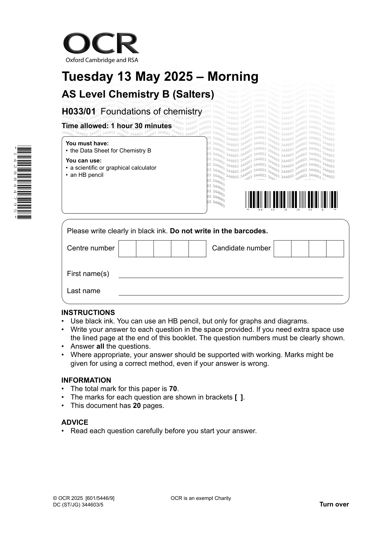 OCR AS Level Chemistry B Paper 1 2025 Question Paper