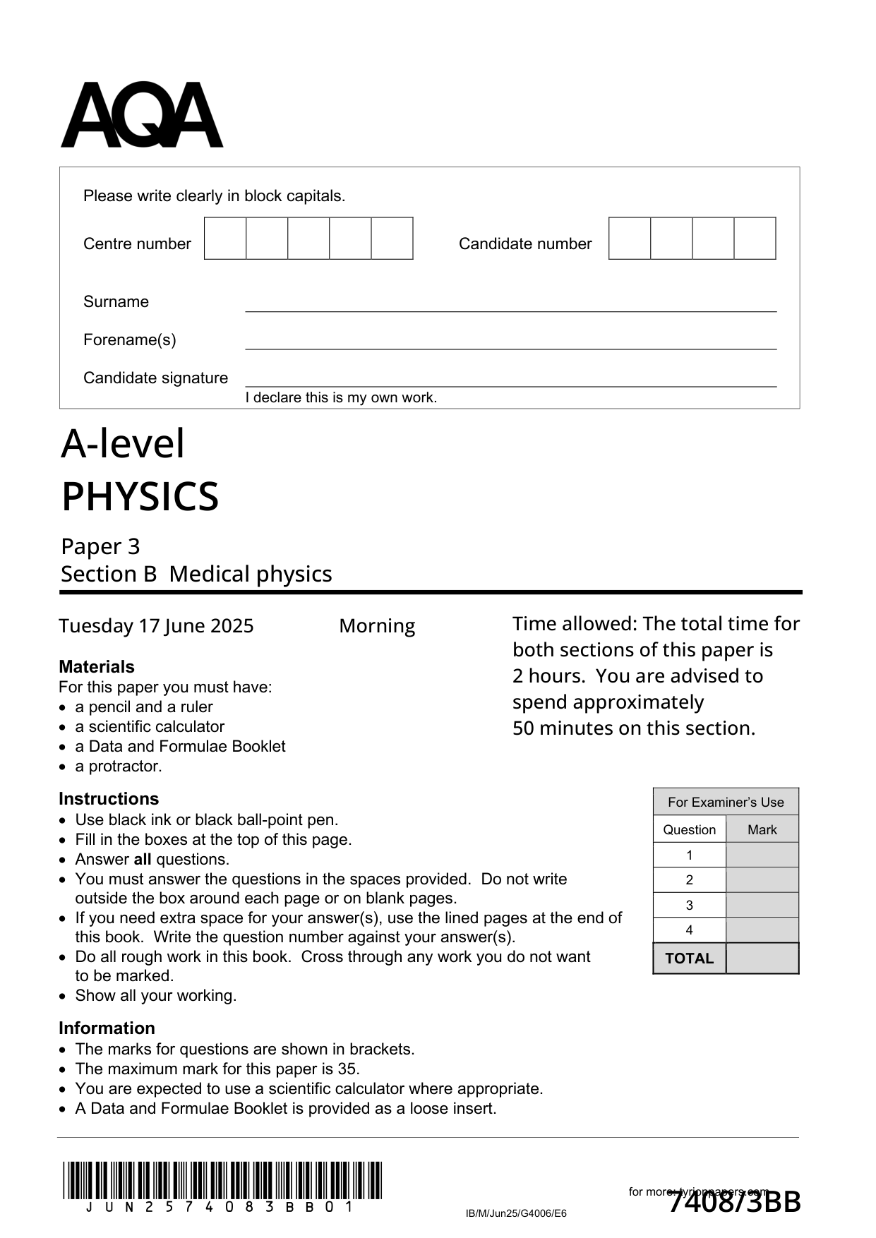 AQA A Level Physics Paper 3BB 2025 Question Paper