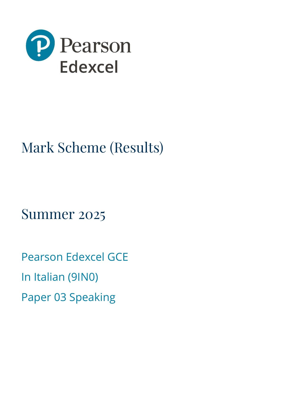 Pearson Edexcel A Level Italian Paper 3 2025 Mark Scheme