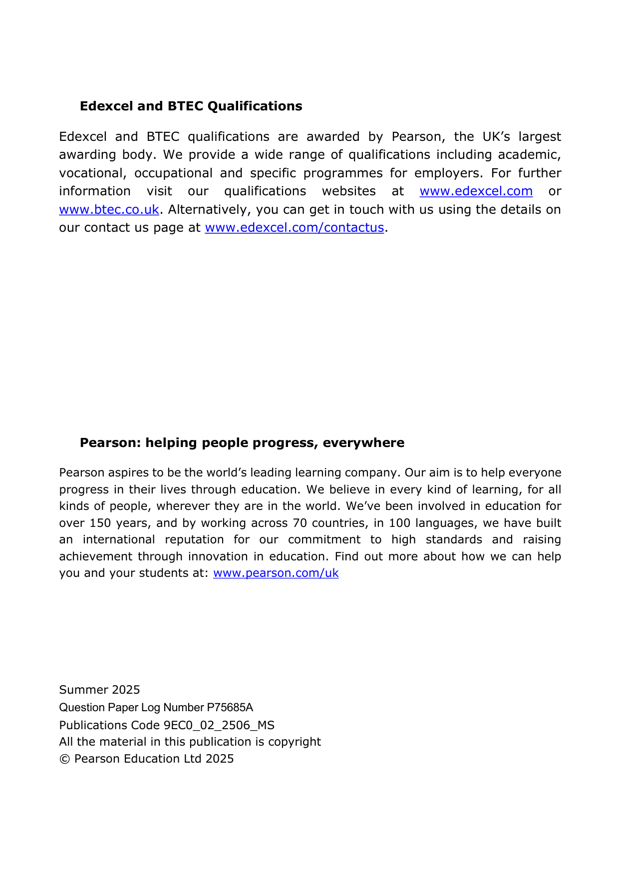 Pearson Edexcel A Level Economics A Paper 2 2025 Mark scheme
