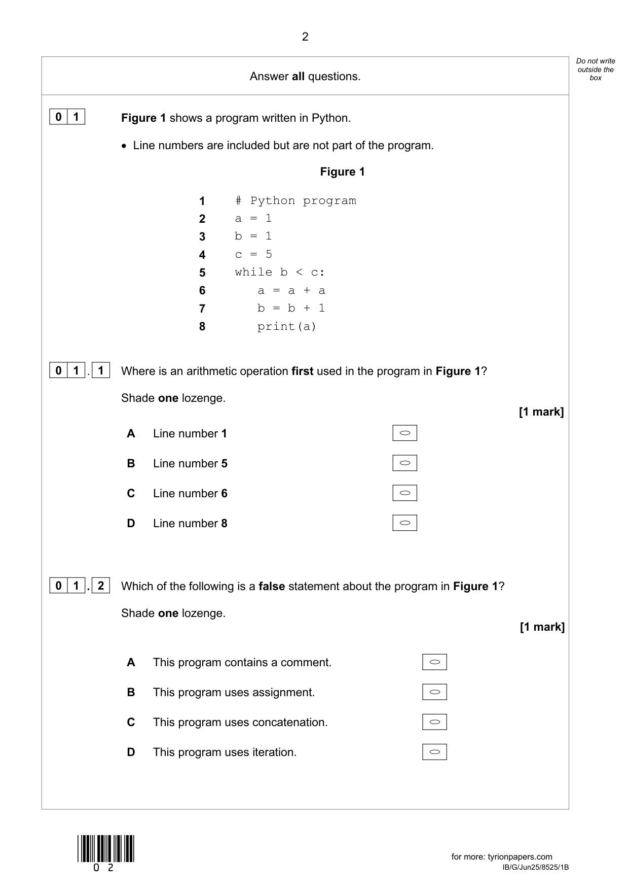 AQA GCSE Computer Science Paper 1 2025 QP PDF