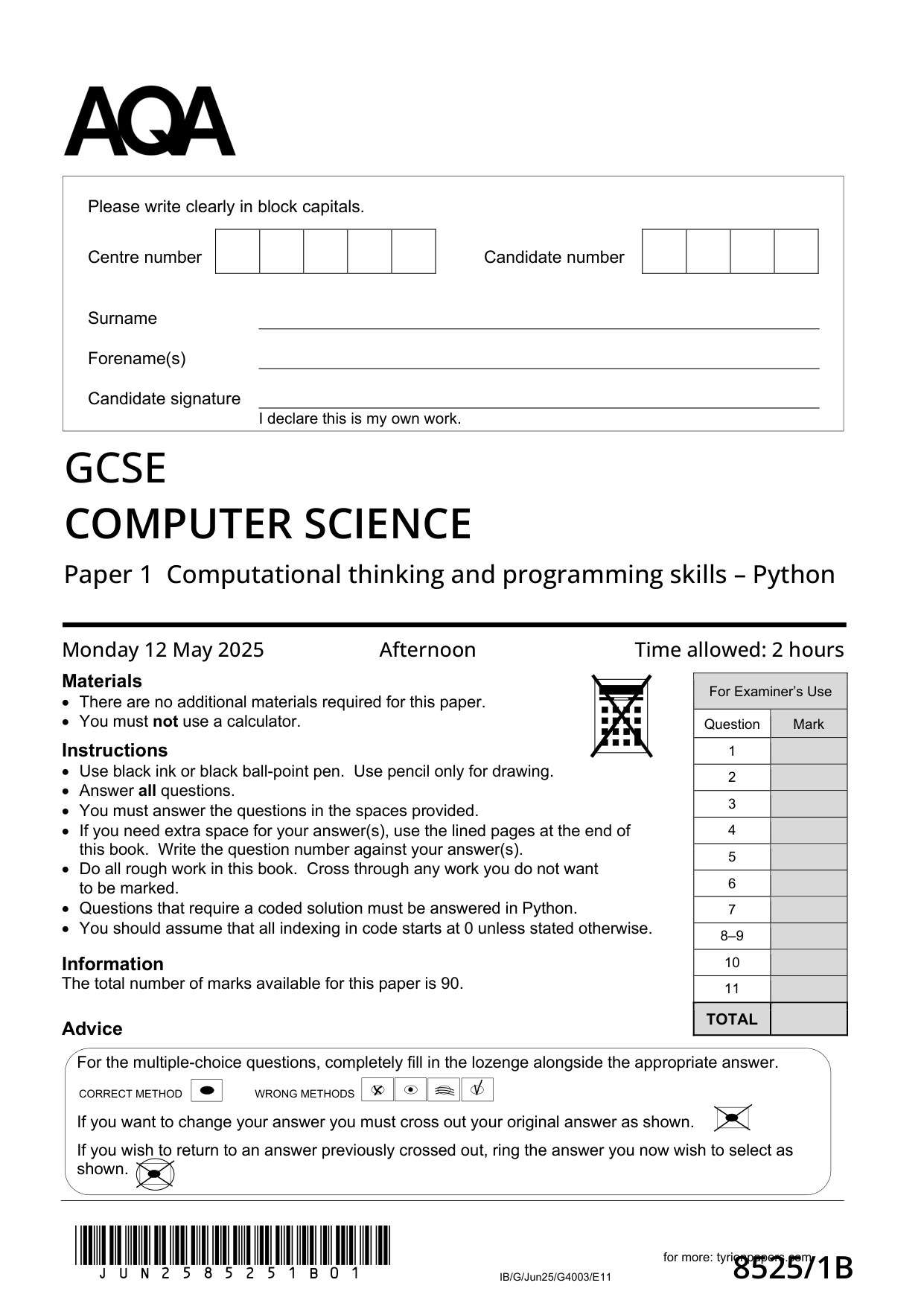 AQA GCSE Computer Science Paper 1 2025 QP PDF