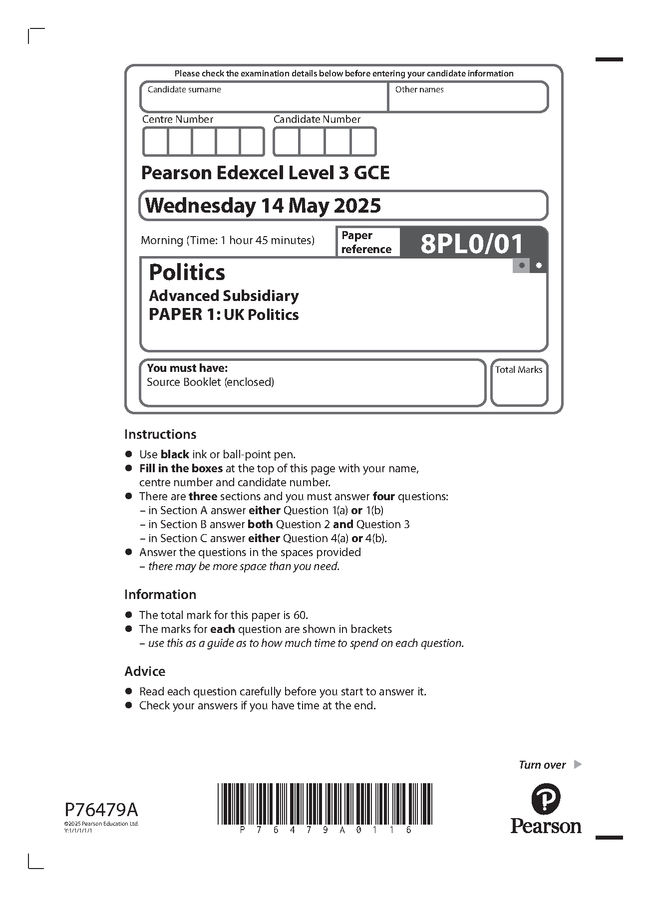 Pearson Edexcel AS Politics 2025 Paper 1 Question Paper IMG-1