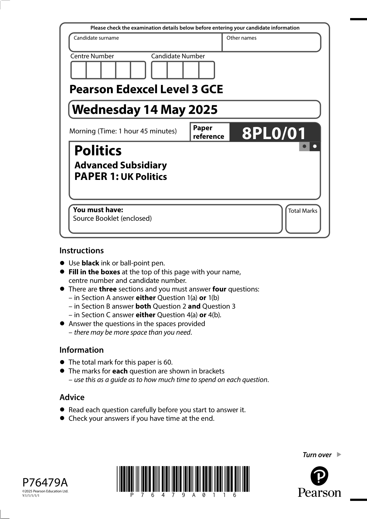 Pearson Edexcel AS Politics 2025 Paper 1 Question Paper
