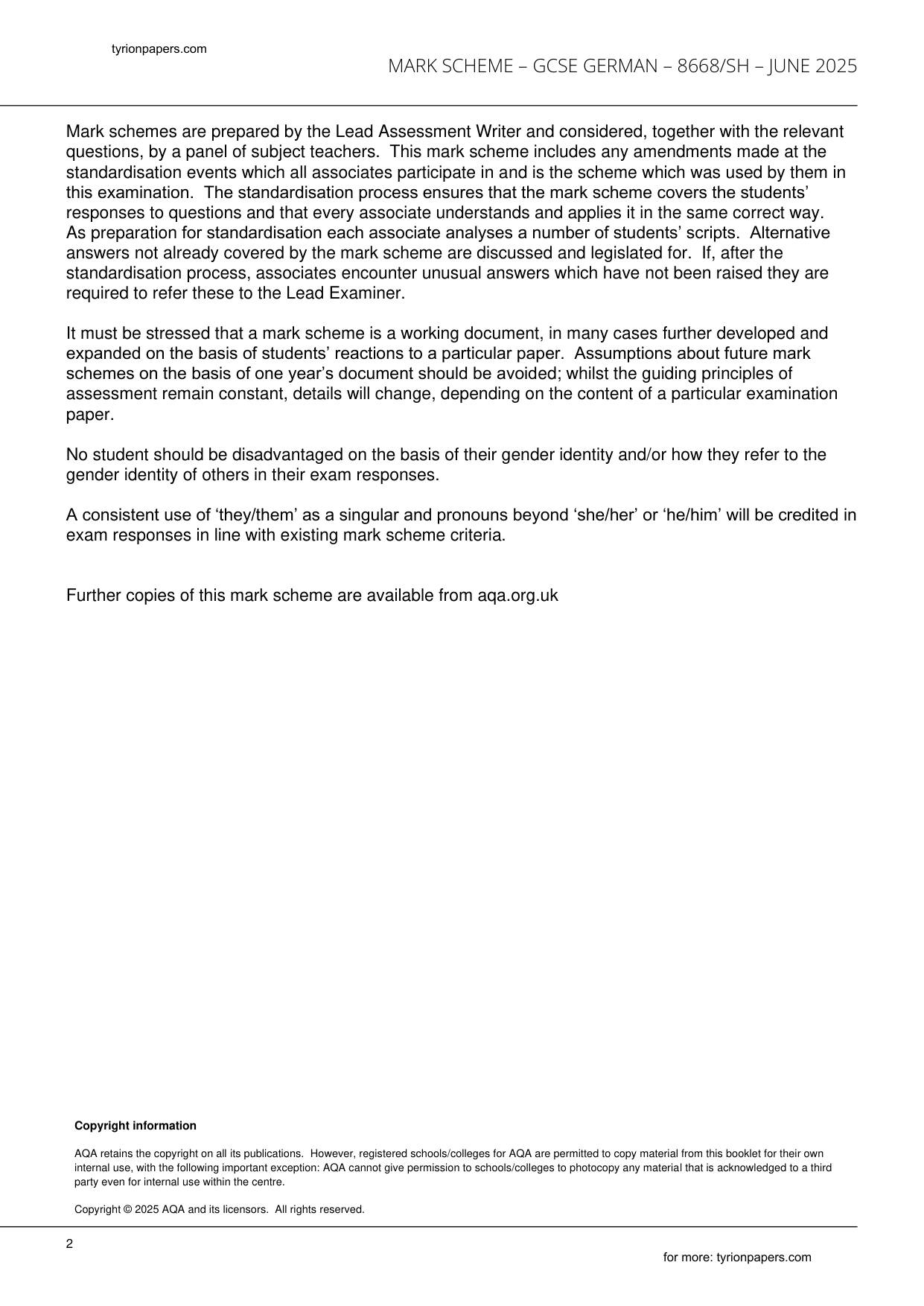 AQA GCSE German Paper 2H 2025 Speaking Mark Scheme
