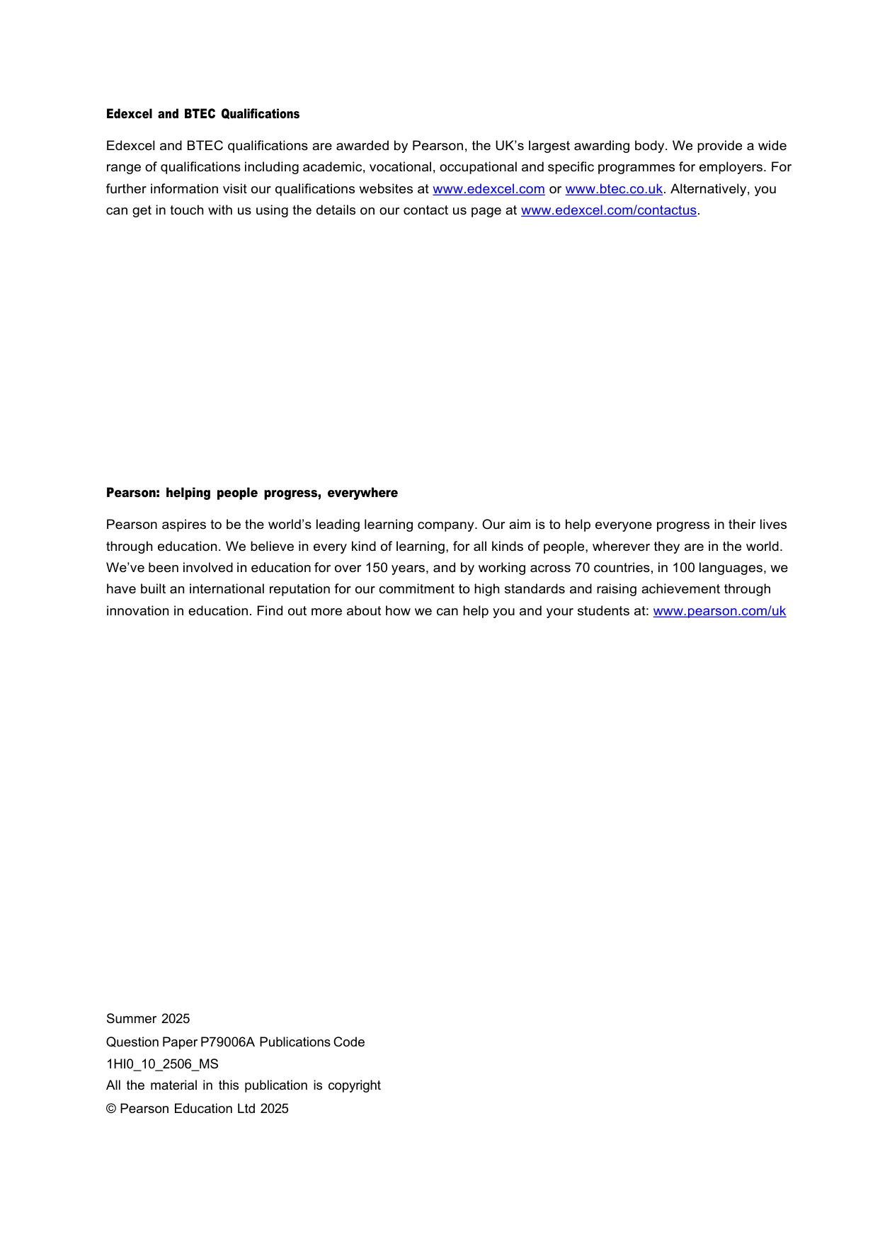 Pearson Edexcel GCSE History Paper 1 option 10 2025 MS