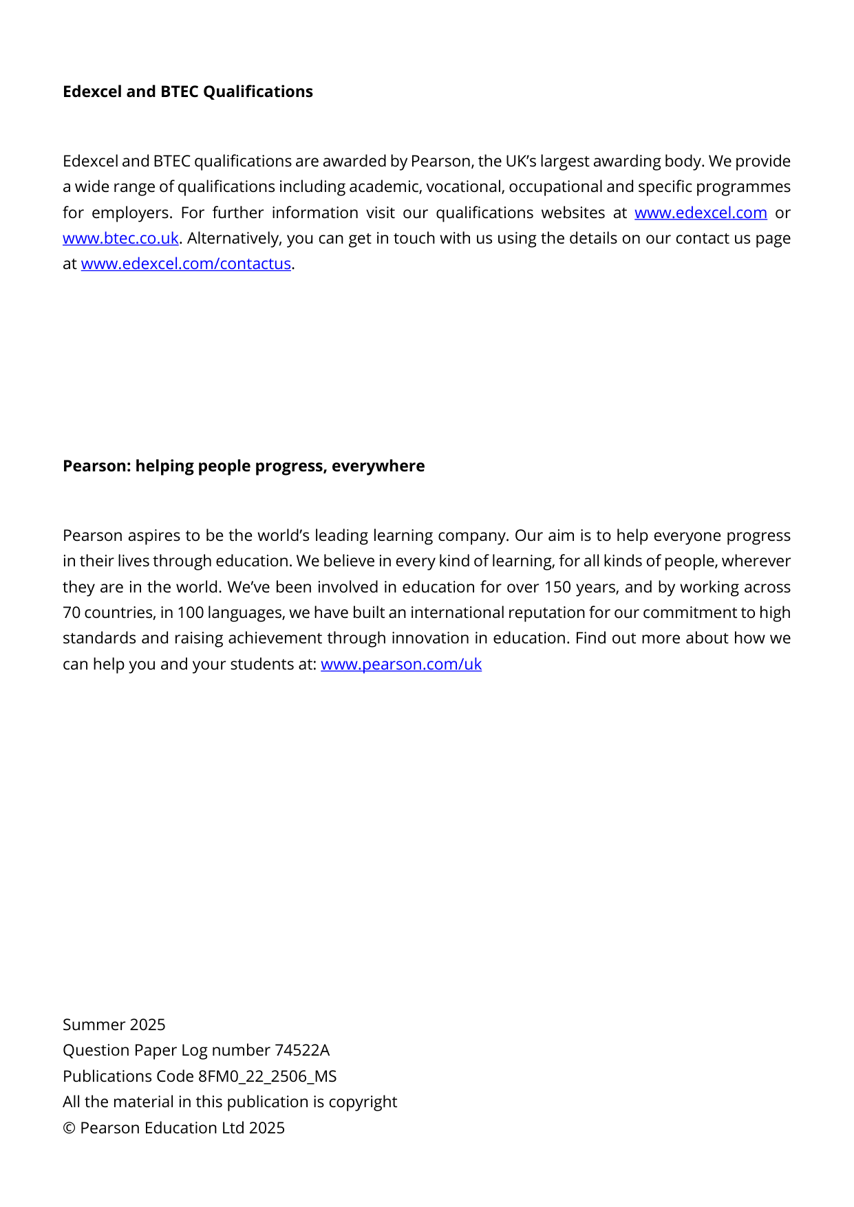 Pearson Edexcel AS Further Mathematics Paper 22 2025 Ms
