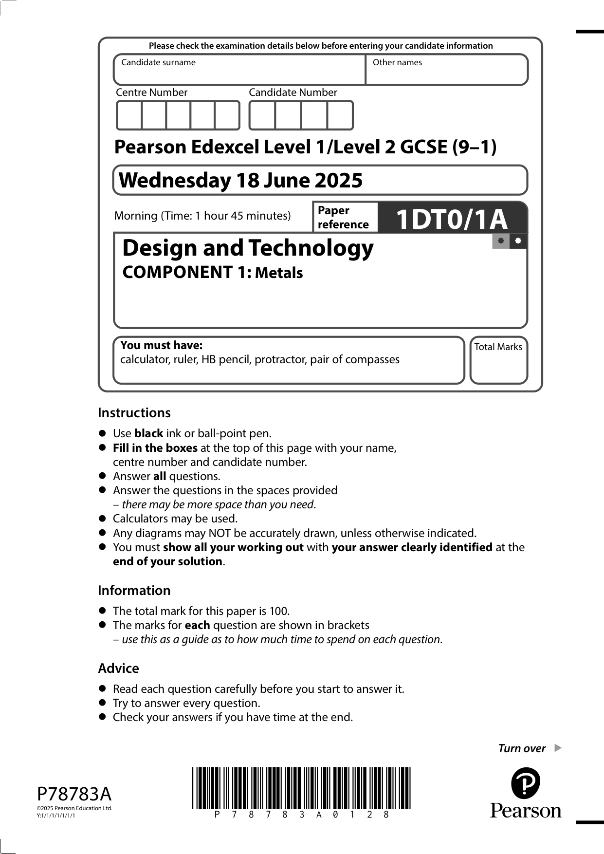 Pearson Edexcel GCSE Design Technology Paper 1A 2025
