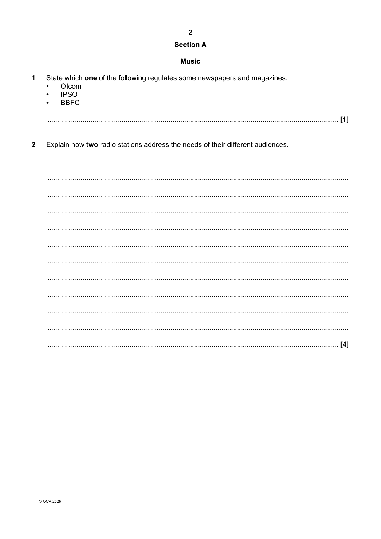 OCR GCSE Media Studies Paper 2 2025 Question PDF