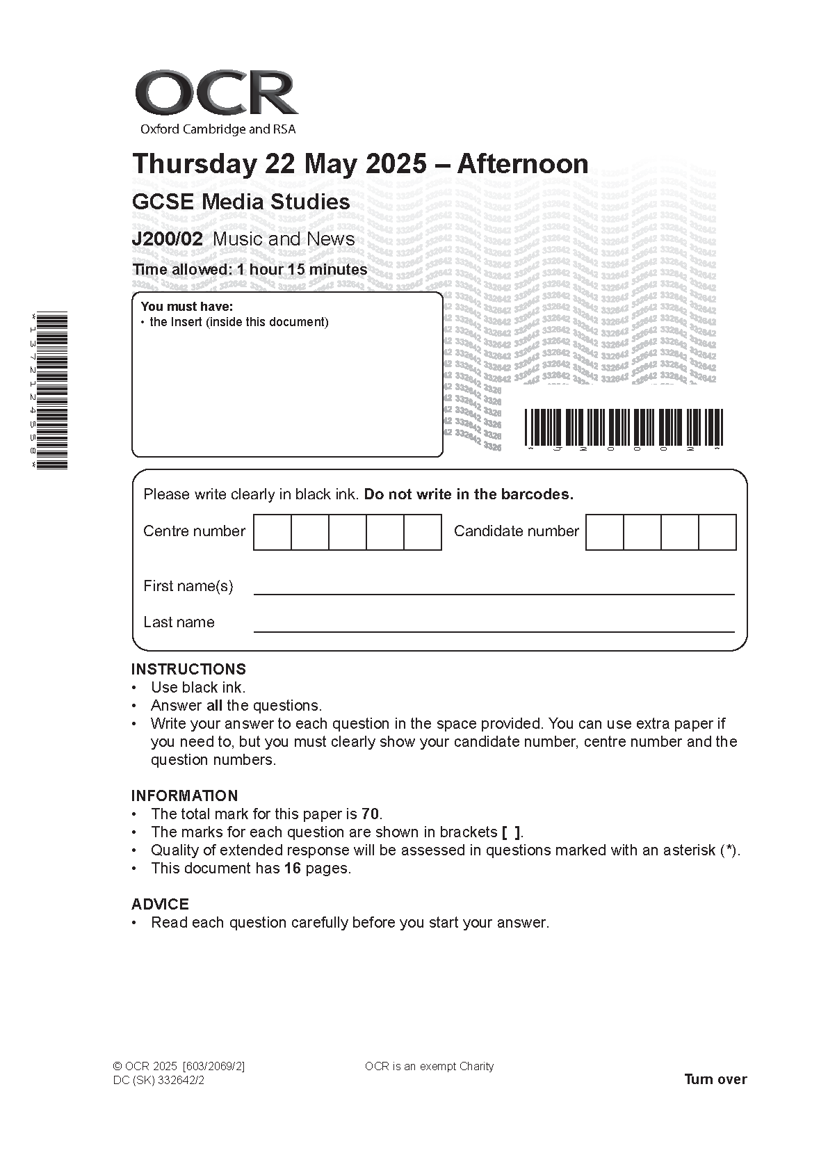 OCR GCSE Media Studies Paper 2 2025 Question PDF
