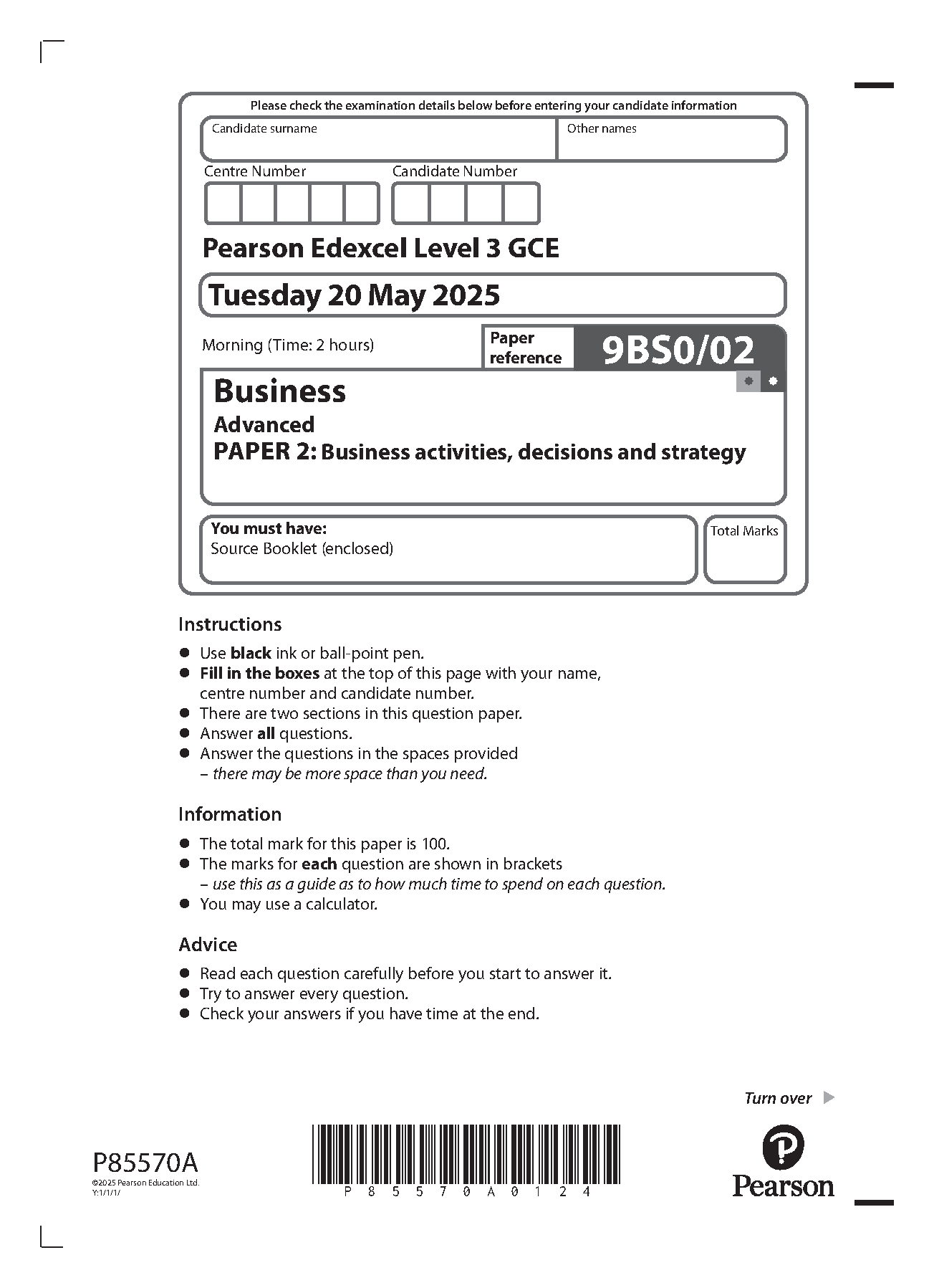 Pearson Edexcel A Level Business Paper 2 2025 Question Paper