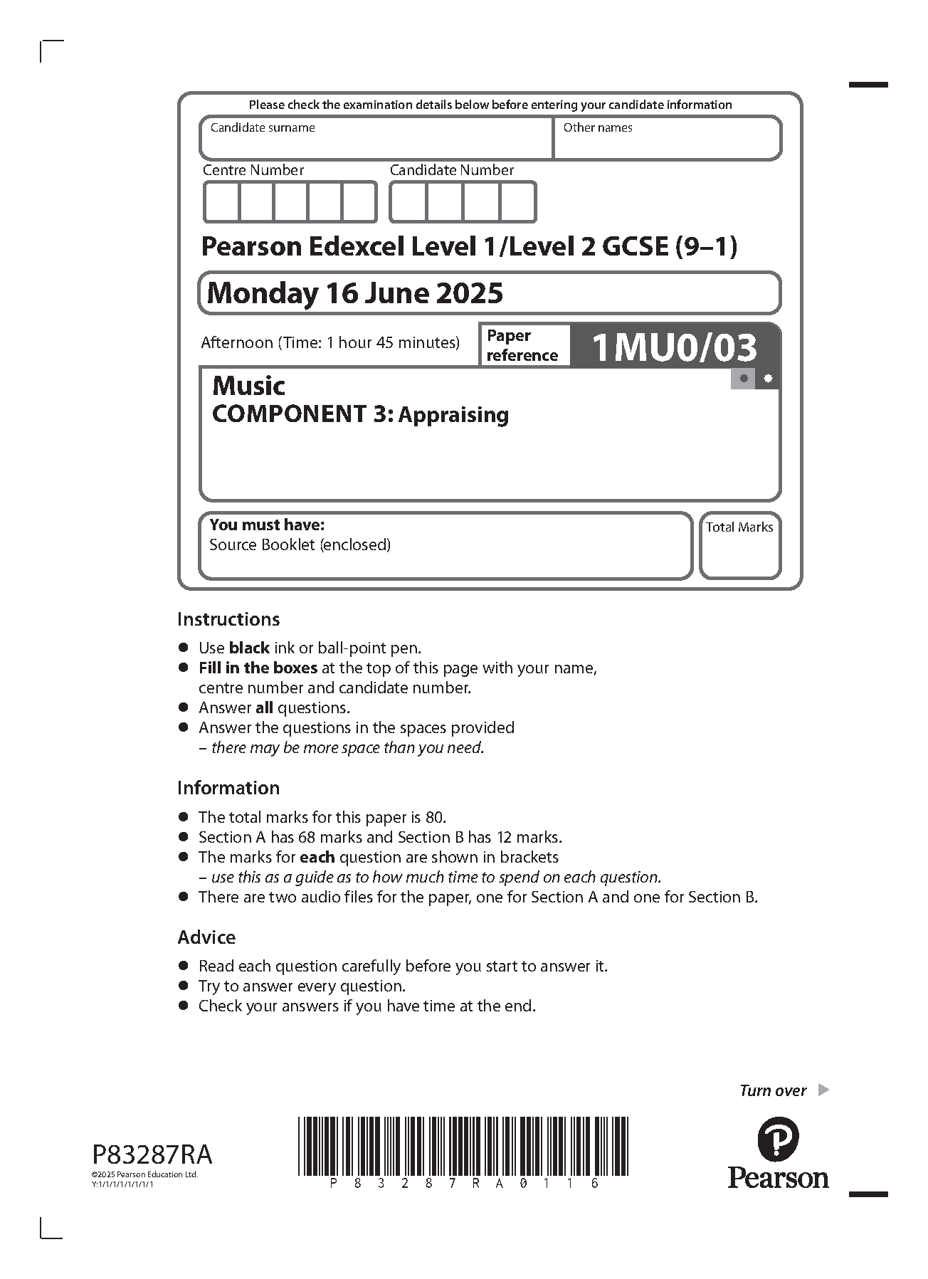 Pearson Edexcel GCSE Music Paper 3 2025 Question Paper IMG-1