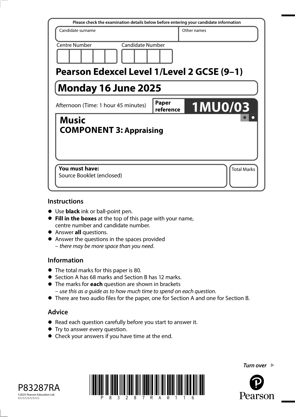 Pearson Edexcel GCSE Music Paper 3 2025 Question Paper