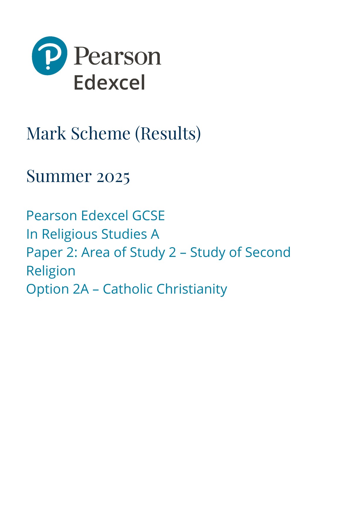 Pearson Edexcel GCSE Religious Studies Paper 2A 2025 MS
