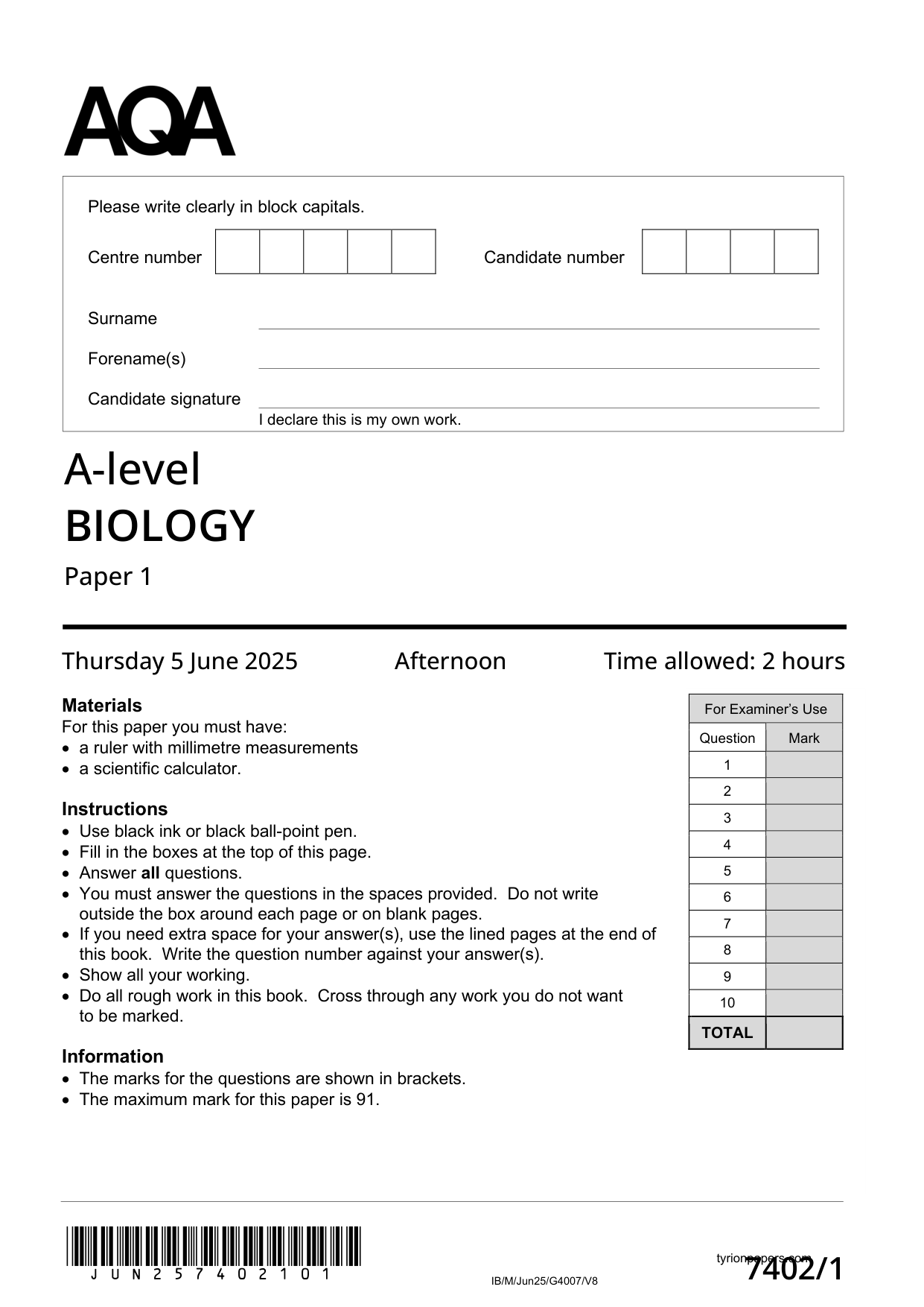AQA A Level Biology Paper 1 2025 Question Paper PDF