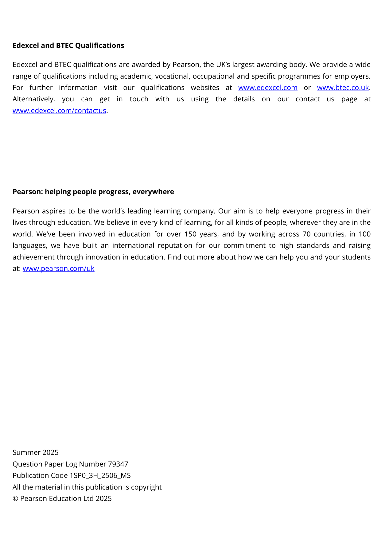 Pearson Edexcel GCSE Spanish Paper 3H 2025 Mark Scheme