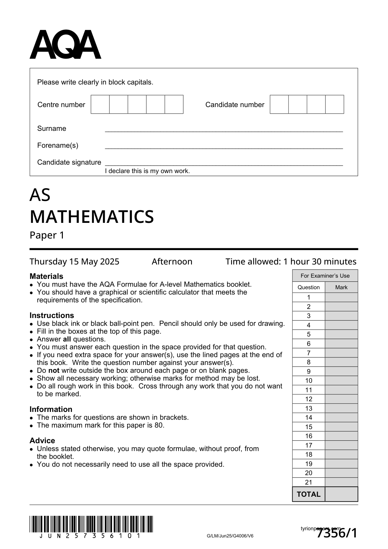 AQA AS Mathematics  Paper 1 2025 QP