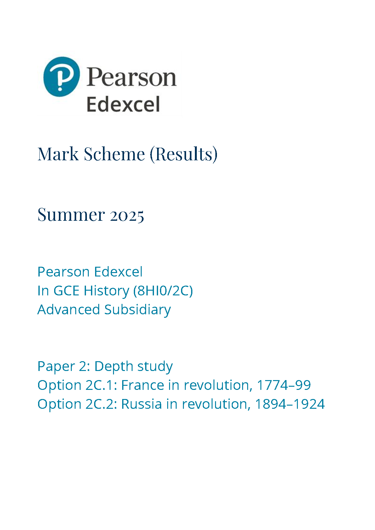 Pearson Edexcel AS History Paper 2C 2025 Mark Scheme PDF IMG-1