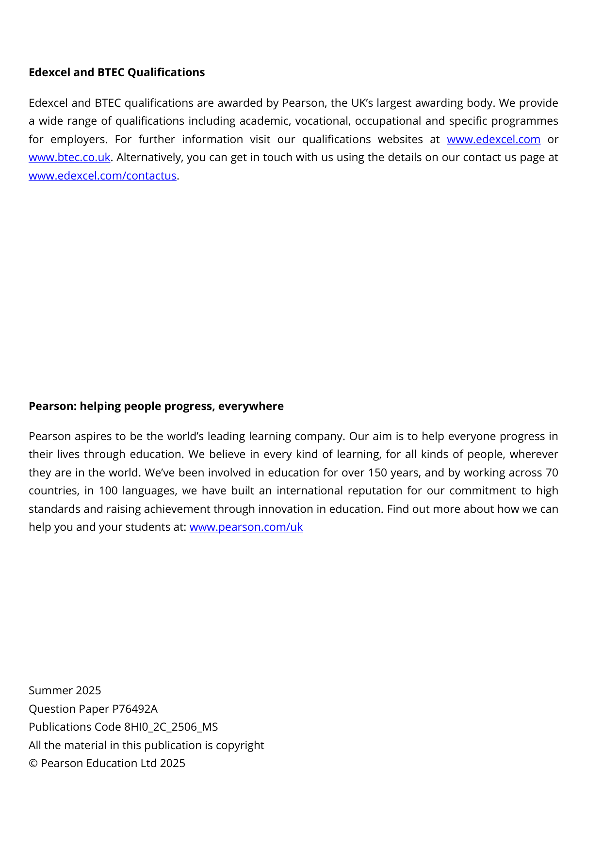 Pearson Edexcel AS History Paper 2C 2025 Mark Scheme PDF
