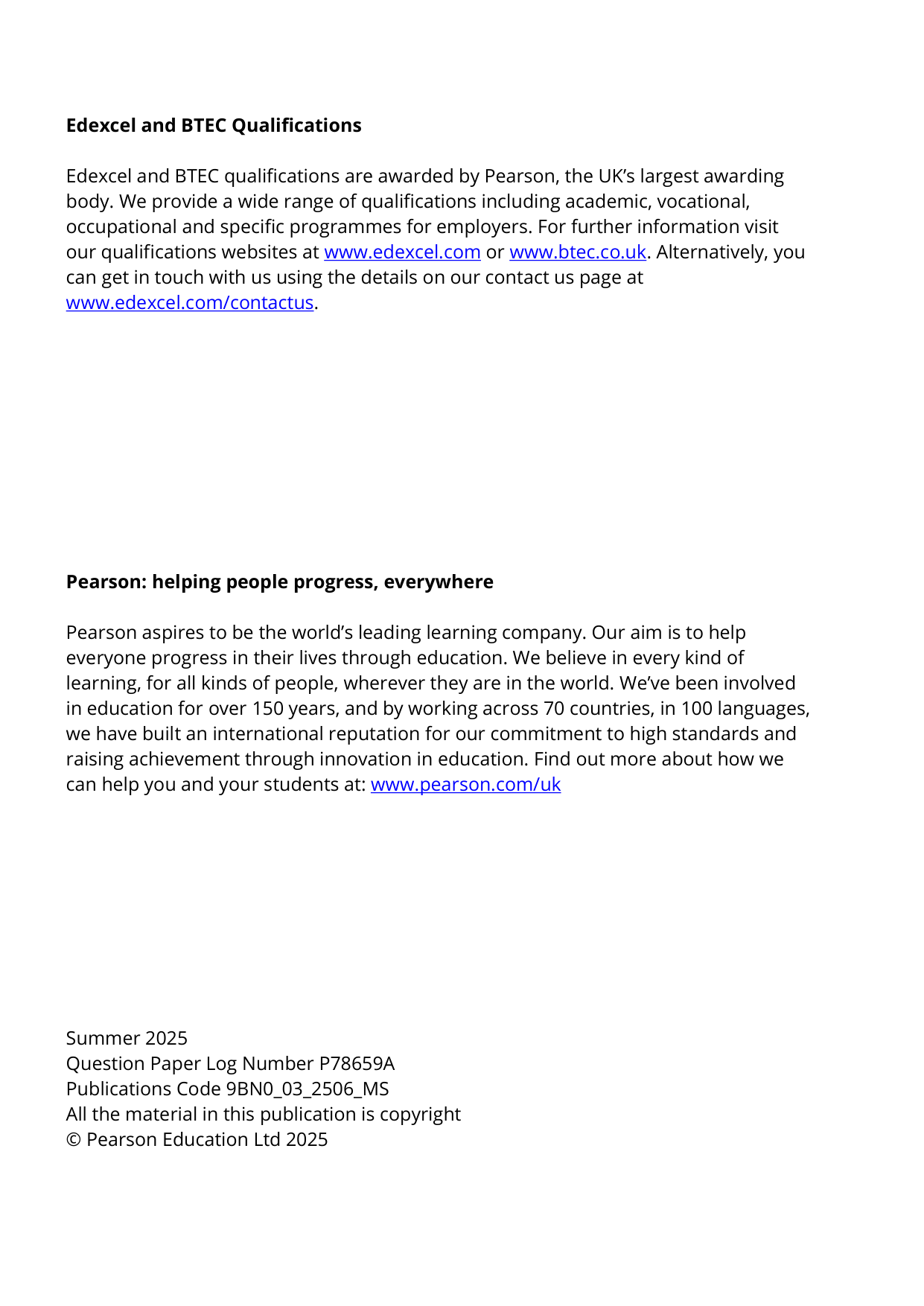 Pearson Edexcel A Level Biology Paper 3 2025 Mark scheme