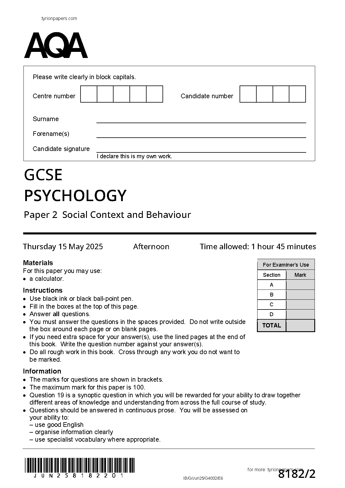 AQA GCSE Psychology Paper 2 2025 Question Paper IMG-1