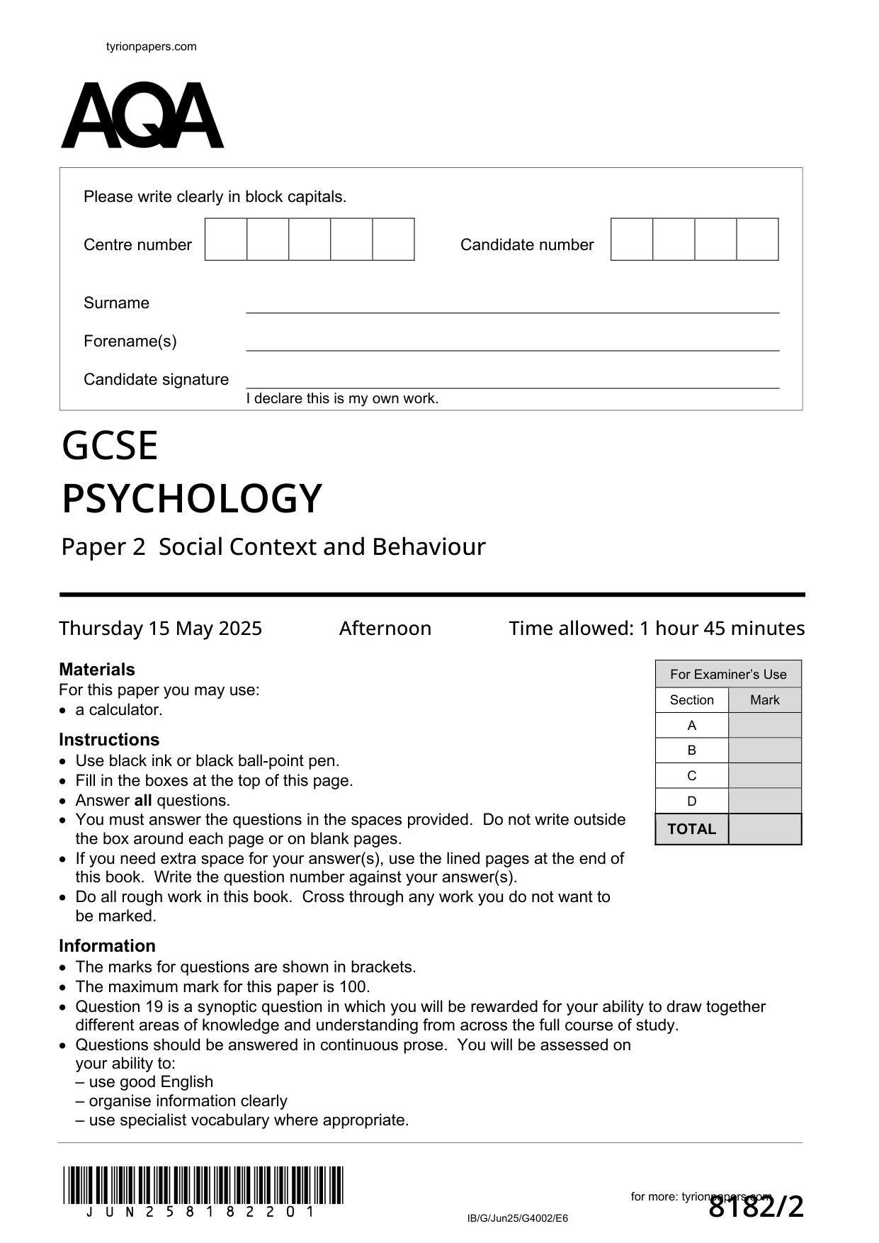 AQA GCSE Psychology Paper 2 2025 Question Paper