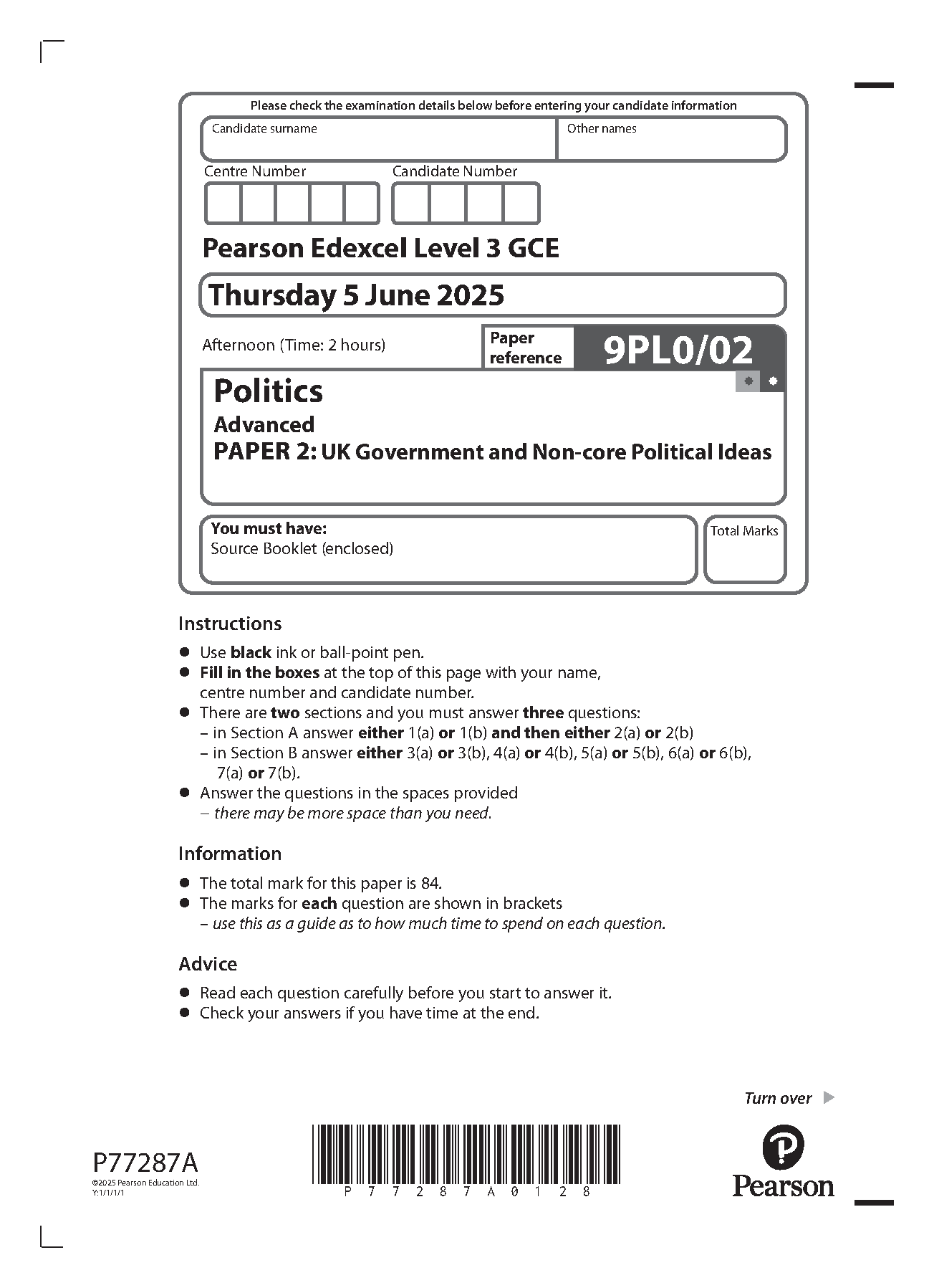 Pearson Edexcel A Level Politics 2025 Paper 2 Question Paper IMG-1