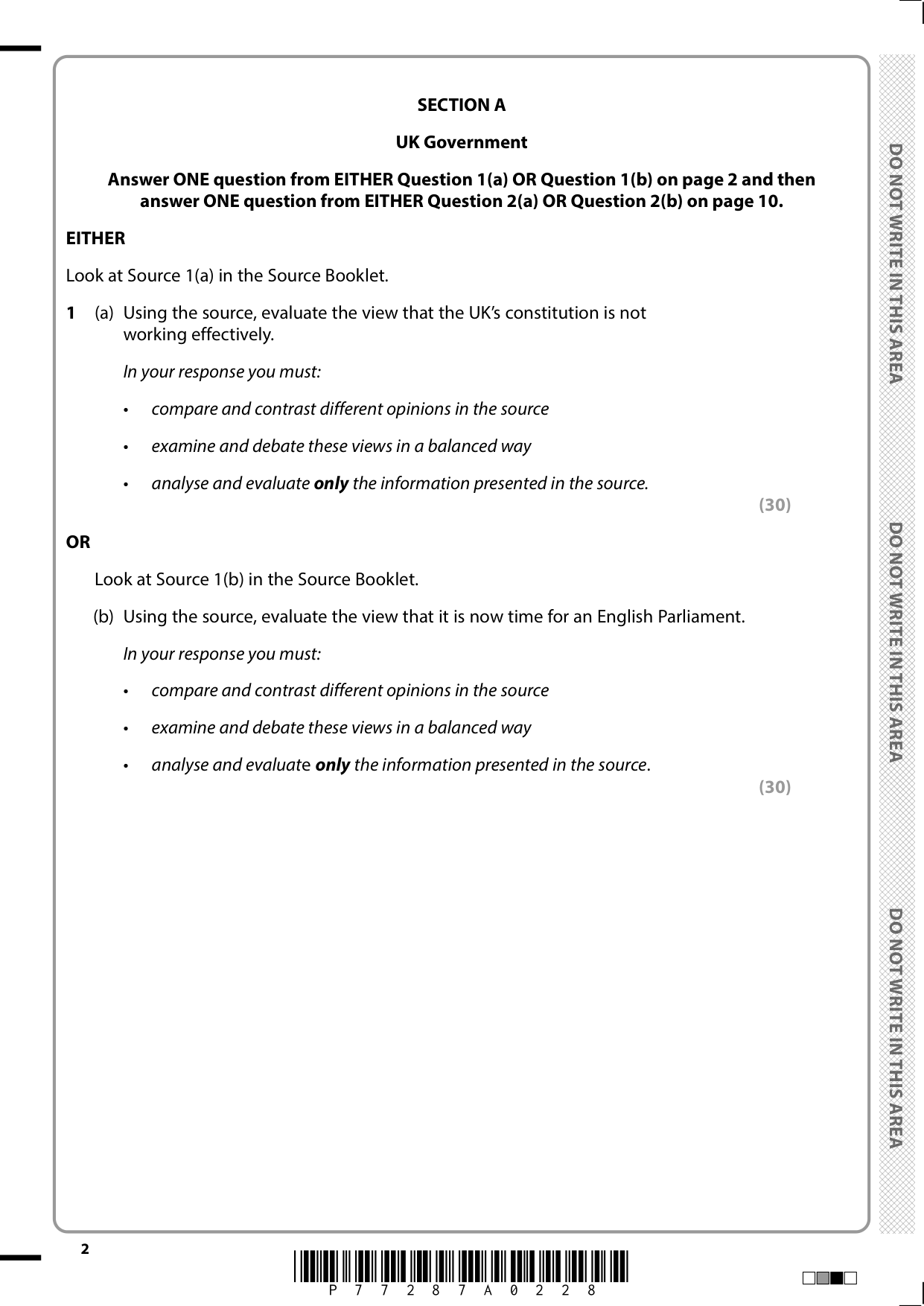 Pearson Edexcel A Level Politics 2025 Paper 2 Question Paper